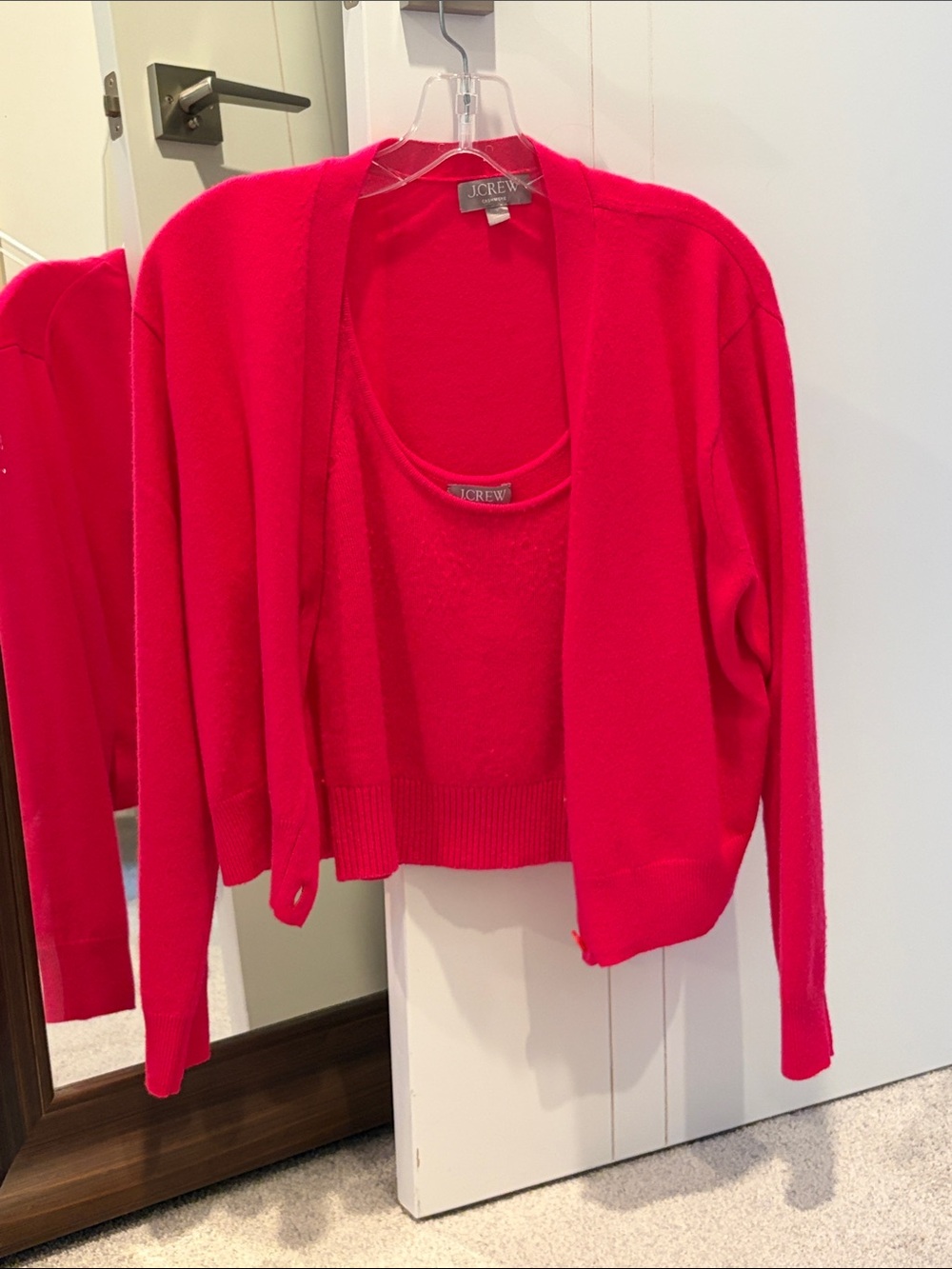 J. Crew Bright Red/Pink Two-Piece Cardigan and Matching Shell (100% cashmere)
